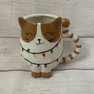 Sunday Morning Ceramics Christmas Cat Shaped Coffee Mug Holiday Lights Textured